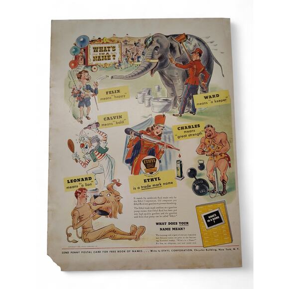 1943 Fun Circus Theme Ethyl Corp Print Ad What Does Your Name Mean 1940s Cartoon - Picture 1 of 8